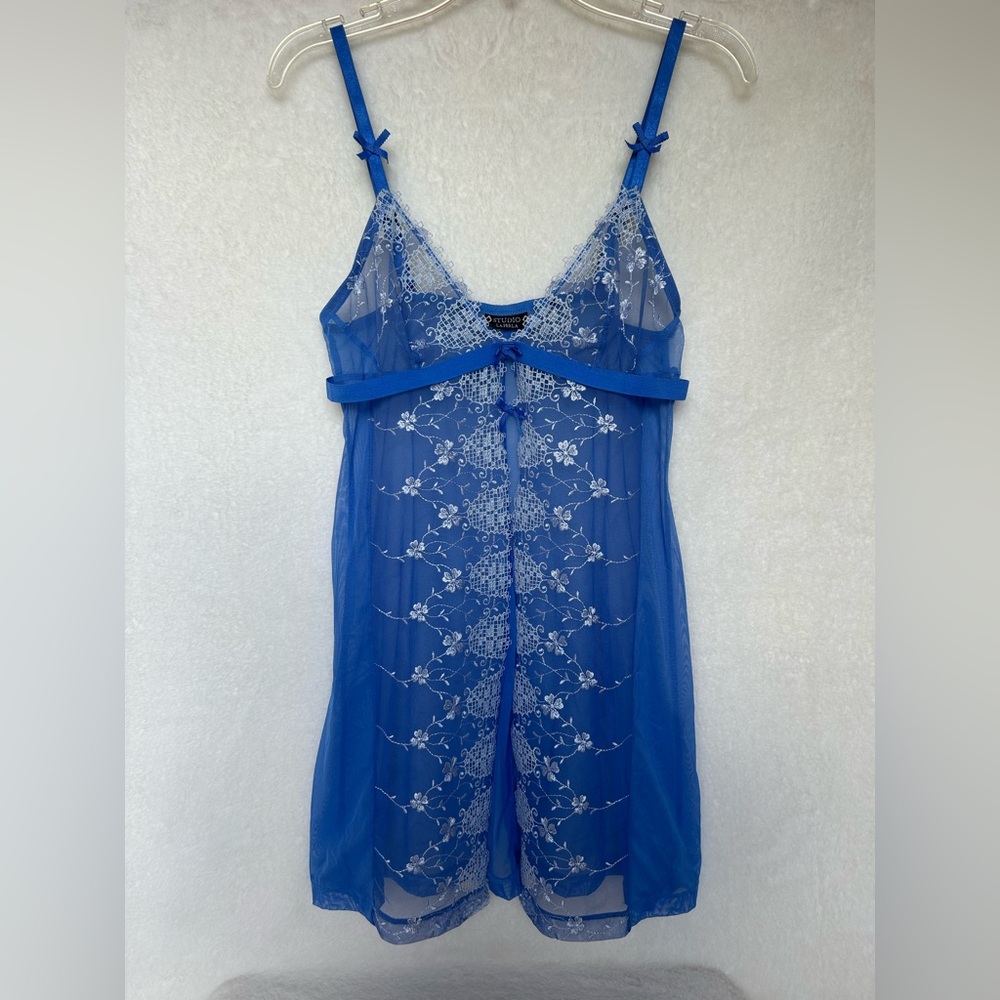 Studio La Perla Blue & White Floral Embroidered Lace Babydoll Size Small